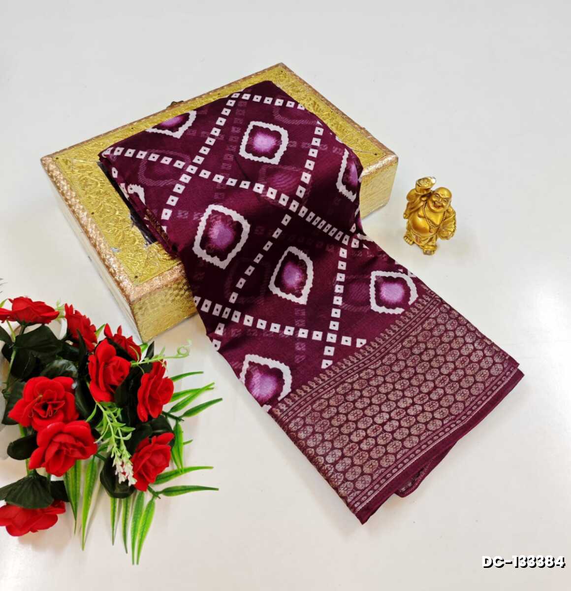 Ruby Pink Contrast Print Soft Cotton Saree with Silver & Copper Zari Border